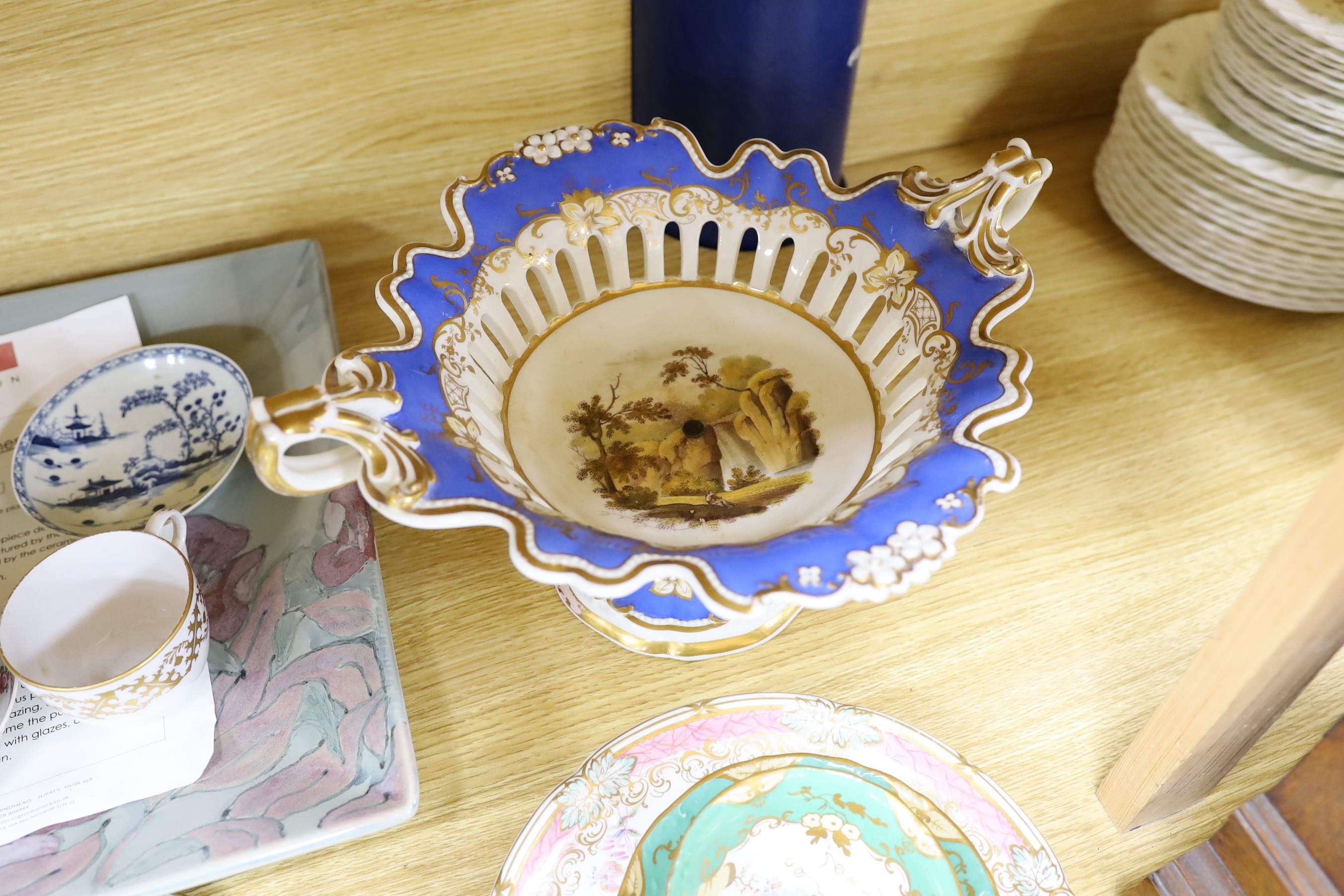 A Worcester Canonball-pattern blue and white saucer, and other 18th and 19th century tableware